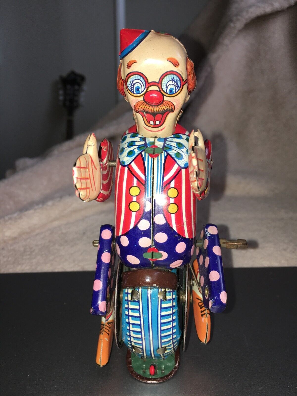 VINTAGE 1957 TPS CIRCUS CLOWN ON UNICYCLE WIND UP TOY EX