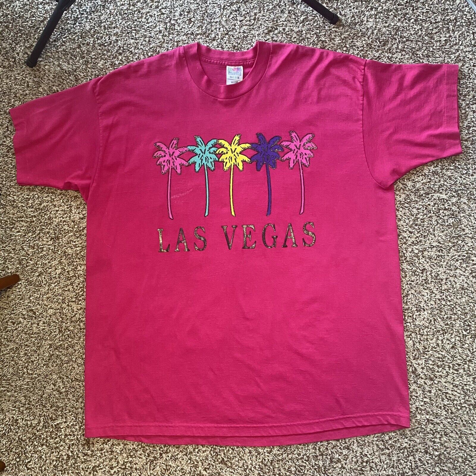 Vintage 90s Hanes Las Vegas Rainbow Palms Magenta Tee XXL