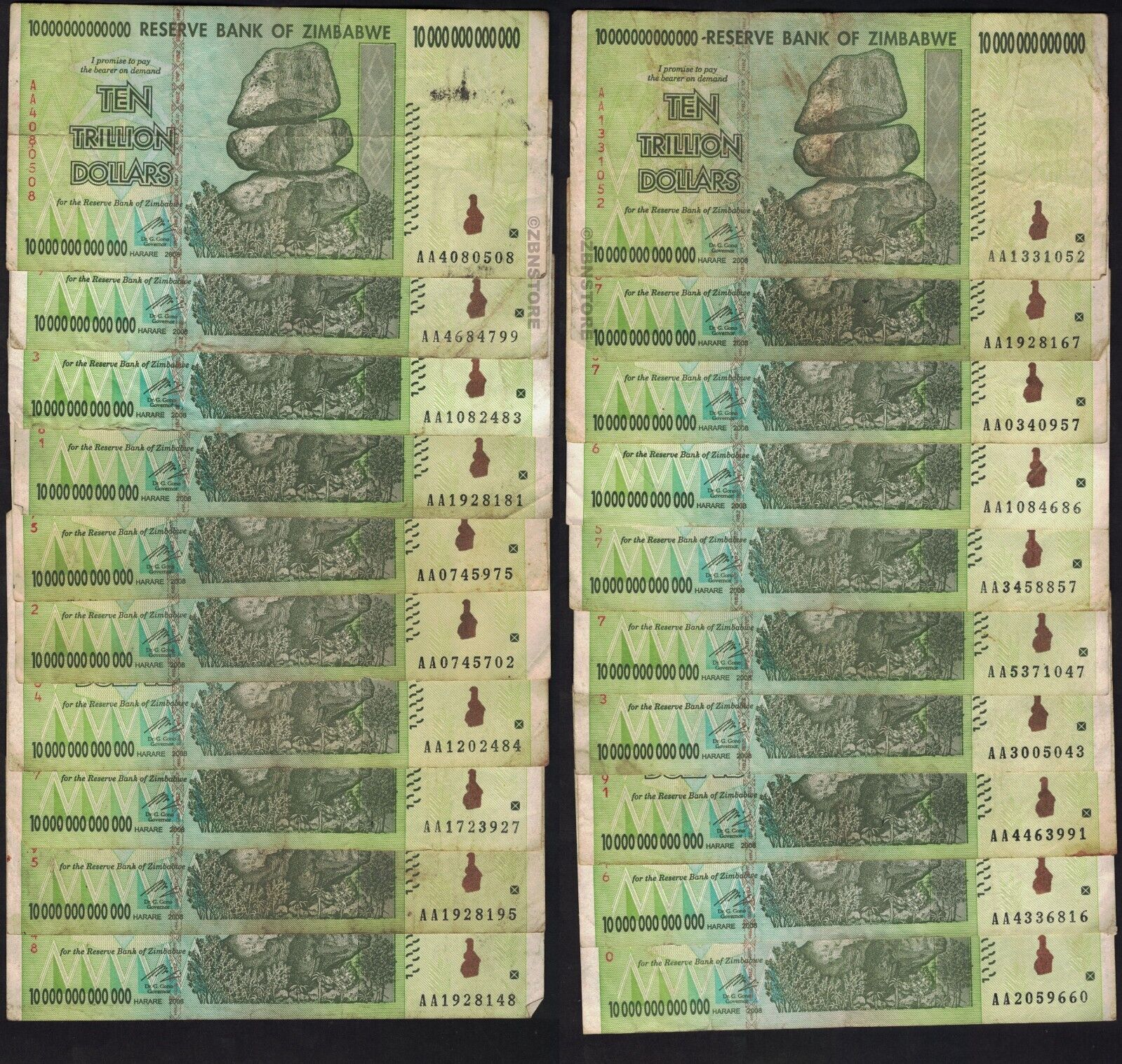 20 x 10 Trillion Dollars Zimbabwe AA 2008 DAMAGED, Heavily Used, 100 % Authentic