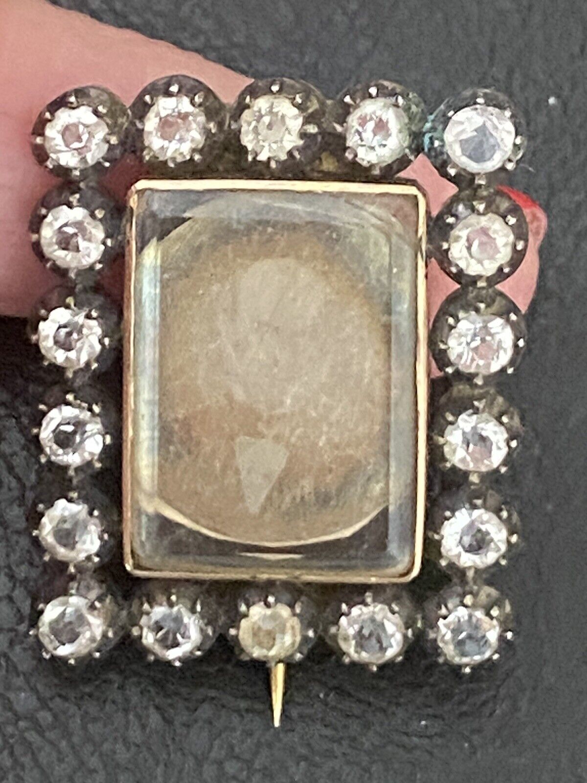 SUPERB DAGUERREOTYPE MOUNTED OVER SILVER,GOLD & SHINY RHINESTONES BROOCH c 1850