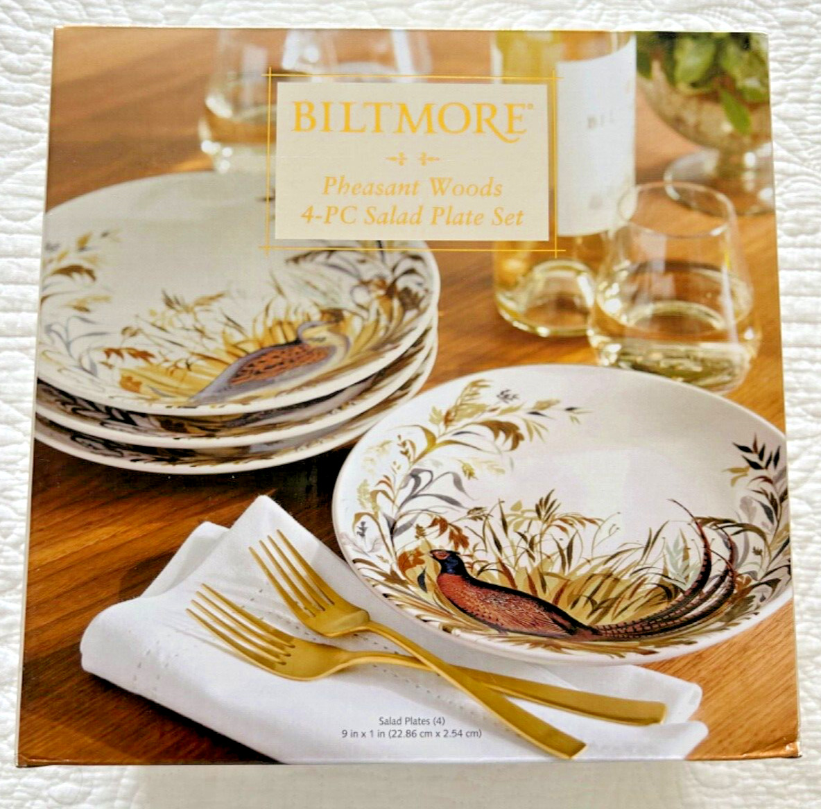 Biltmore~PHEASANT WOODS~9” Salad Plates Thanksgiving Set of  4 NEW