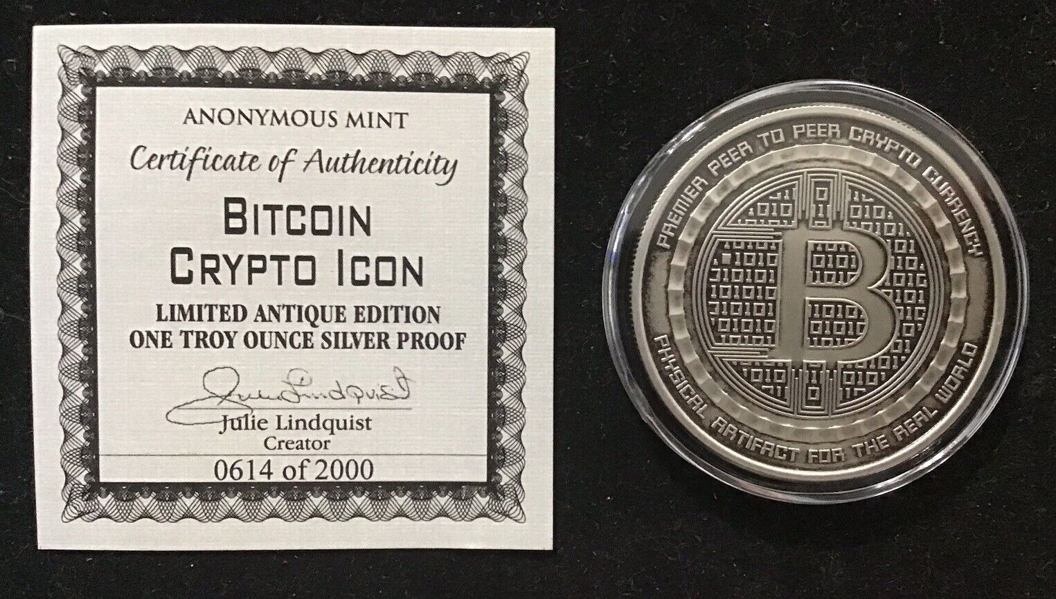 1 oz Antique Bitcoin Icon .999 Silver Round Limited 2000 Julie Lindquist 