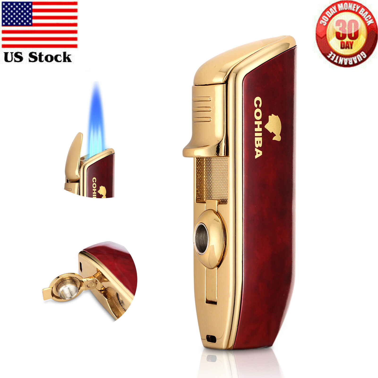 Red Windproof Metal 3 Jet Torch Flame Cigar Cigarette Lighter With Punch Gas