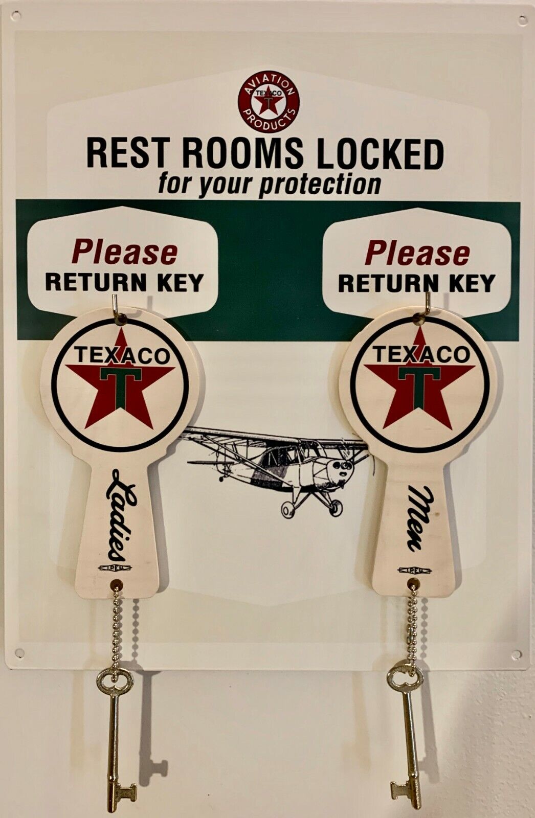 Repro 1950s Nostalgic Texaco Aviation Restroom Key Hanger W/Wood Fobs KEY-0301-W