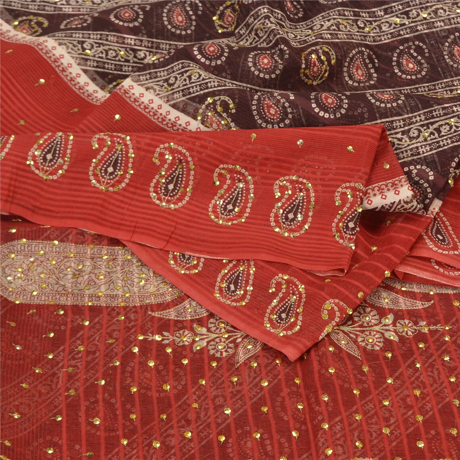 Sanskriti Vintage Dark Red Sarees 100% Pure Cotton Hand Beaded Sari Fabric