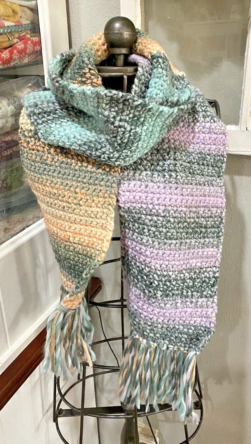 Handmade Crochet Scarf With Fringe Multicolored Striped