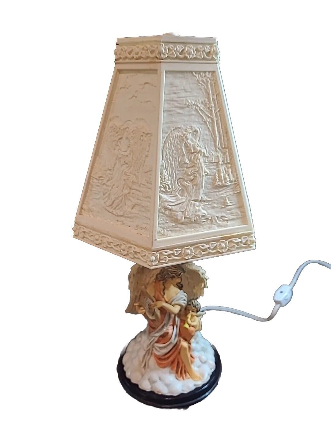 Vintage Angel Cherub Lamp 6 Panel Lithophane Lampshade W/ Finial Victorian Nice