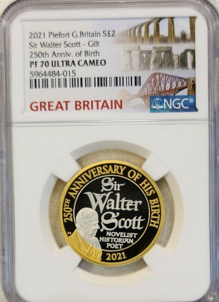 2021 G. BRITAIN PIEFORT SILVER 2 POUNDS SIR WALTER SCOTT NGC PF 70 ULTRA CAMEO