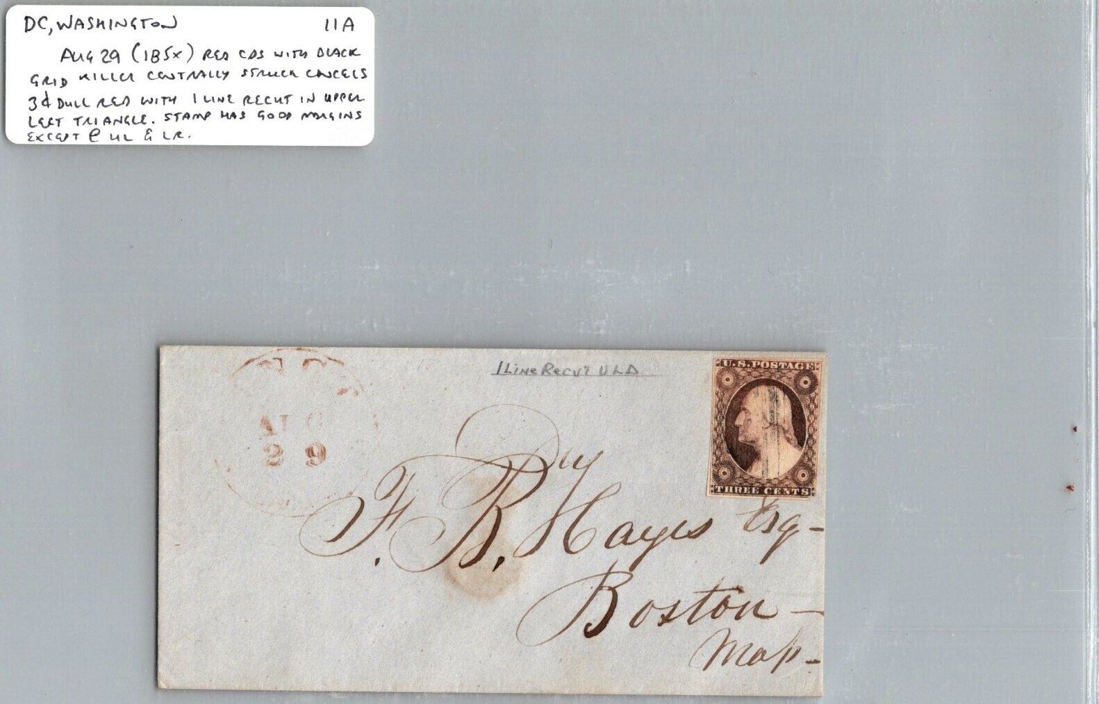 US Aug 29 185x Scott #11a Red CDS Postmark Washington DC to Boston MA