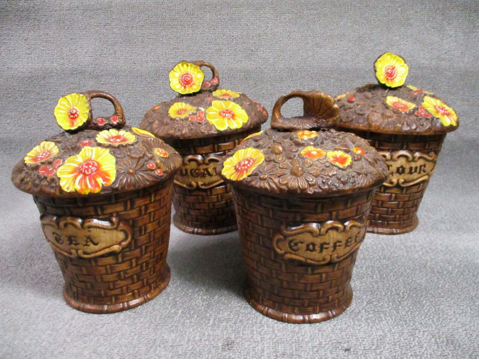 Vintage Treasure Craft Containers Floral 70s Sugar Flour Coffee Tea 4 Piece Set