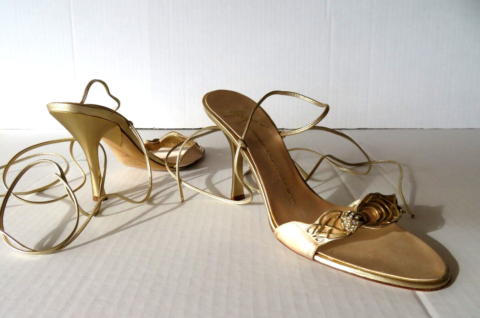 Giuseppe Zanotti Women Gold Satin Jewel Vintage Heels Pumps Sandals Mules 37.5B