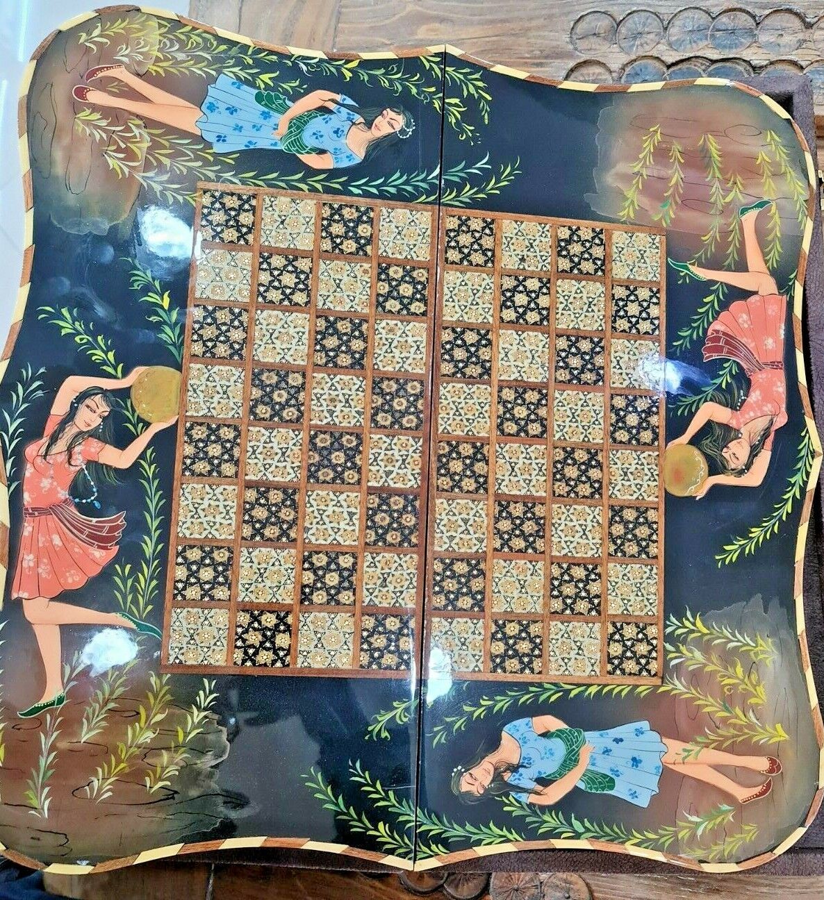 HANDCRAFTED Persian Khatam Backgammon Handpainted Oriental Wooden Backgammon 
