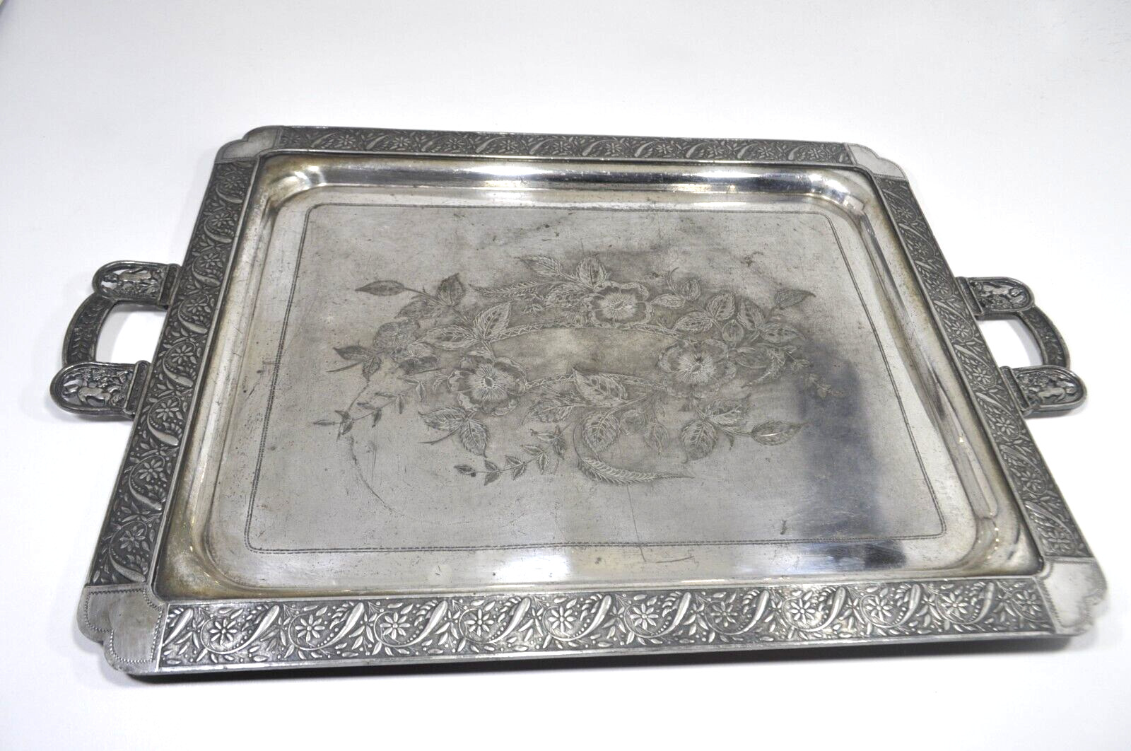 Antique Barbour Bros Silverplate Serving Platter Tray Engraved Floral w Handles