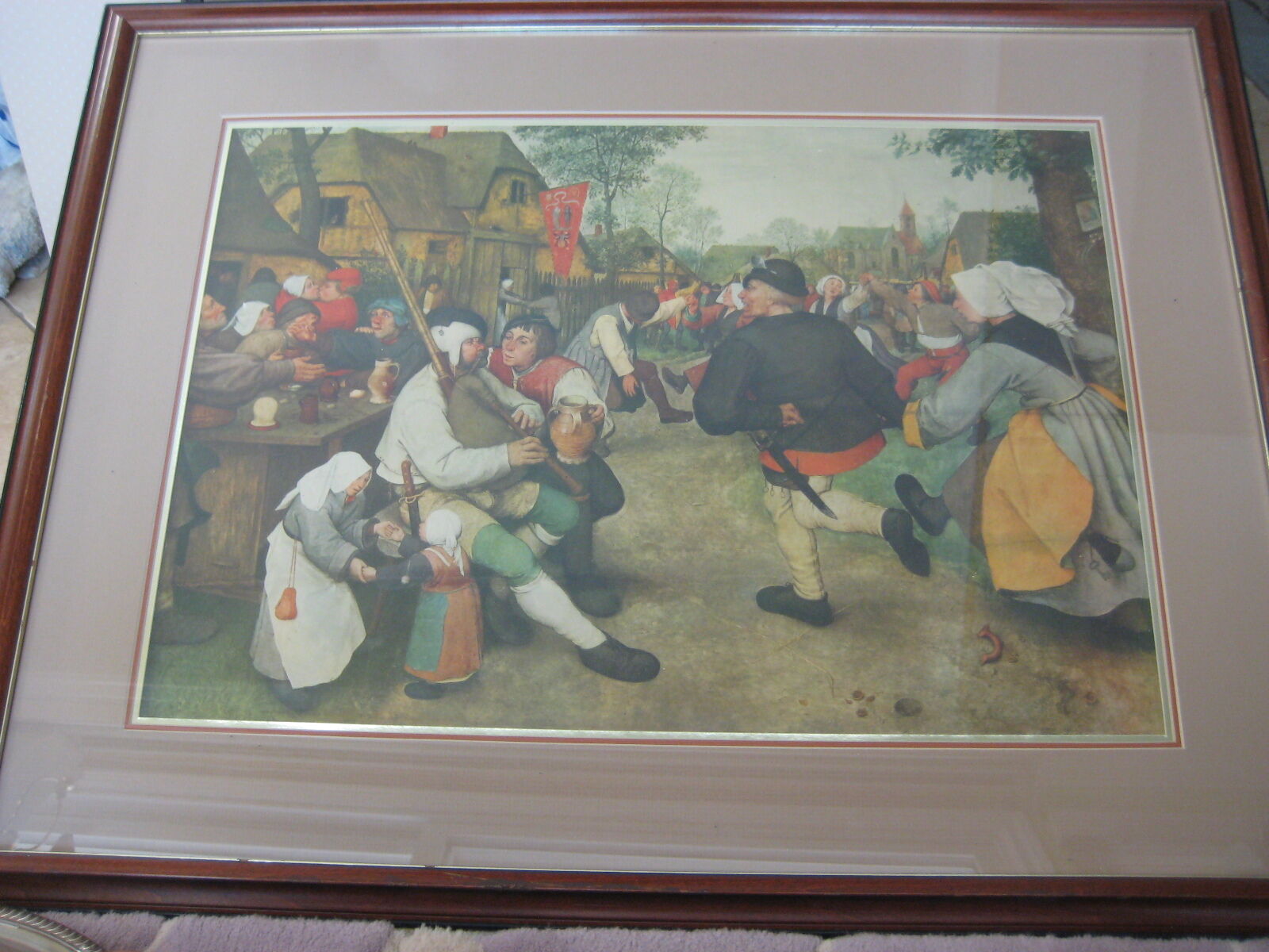 ANTIQUE EUROPEAN COUNTRY FESTIVAL PRINT WITH BEAUTIFUL WOODEN FRAME