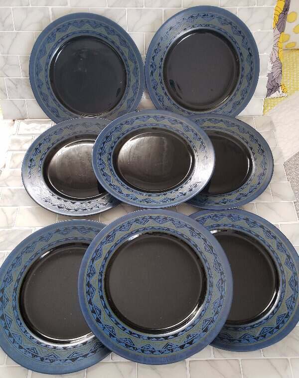 Vtg Arcoroc Frances Yucatan Black Blue Glass Dinner Plate Set of 8 10 7/8\