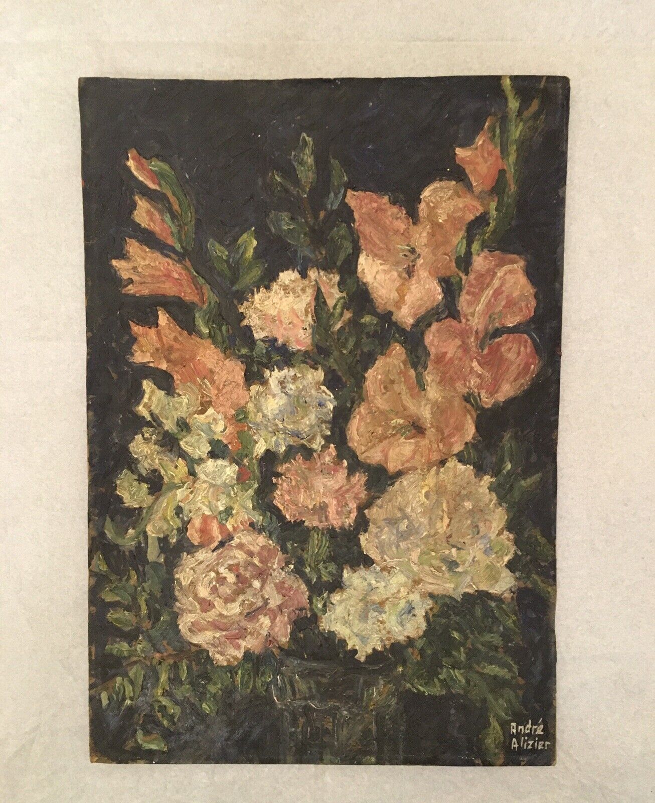 ANTIQUE  ANDRE ALIZIER OIL PAINTING ON CARDBOARD. STILL LIFE W/FLOWERS 11 X 16