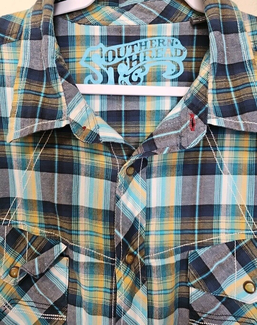 SOUTHERN THREAD Men\'s AQUA BLUE PLAID Long Sleev Soft Cotton PEARL SNAP Shirt XL