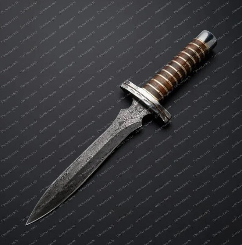 Custom Handmade Damascus Dagger with Beautiful Wood handle with leather sheath