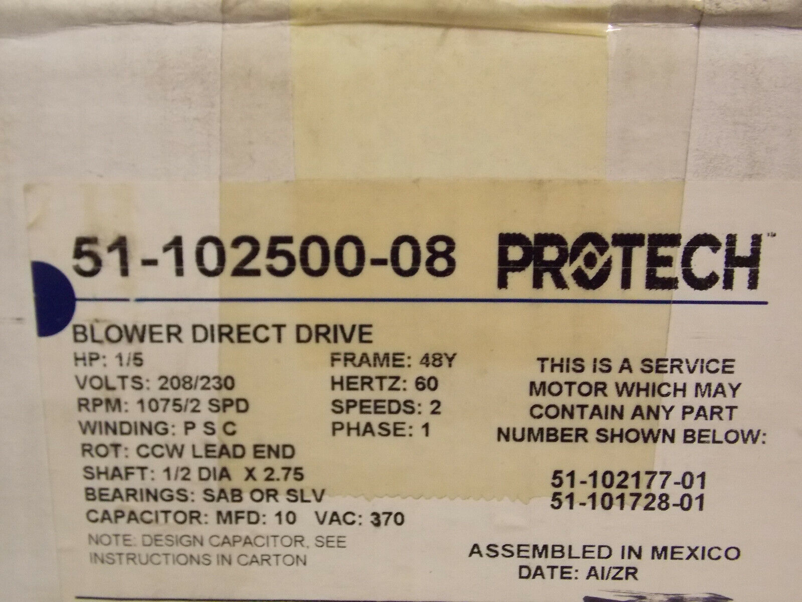 Protech HVAC Blower Motor 51-102500-08 Rheem 1/5Hp 208-230V 1075Rpm 2Sp Mtr