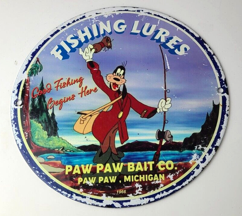 Vintage Porcelain Sign - Paw Paw Bait Goofy Fishing Sign - Gas Service Pump Sign