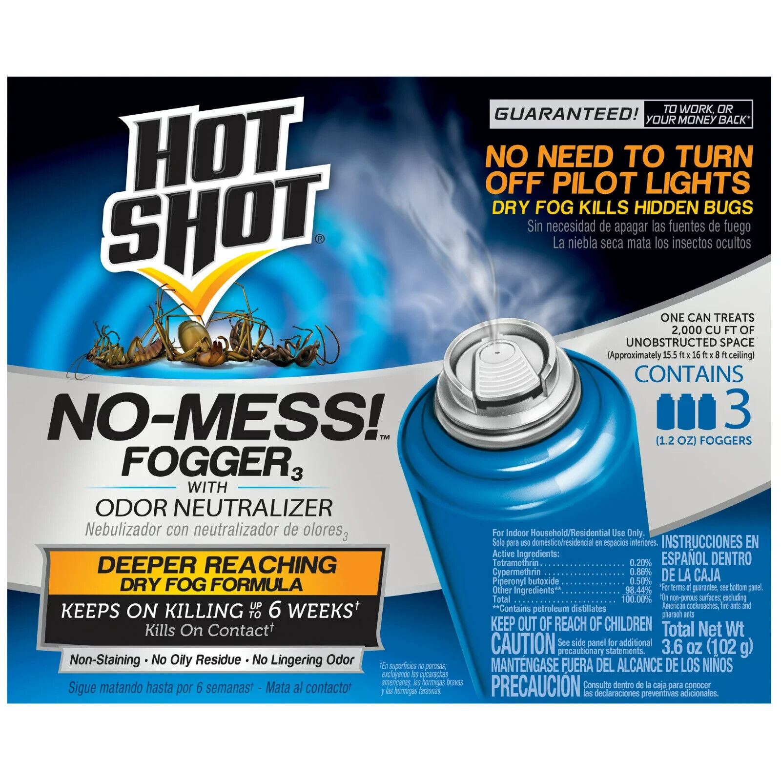 Hot Shot No-Mess Fogger W/Odor Neutralizer 1.2oz Cans, 3 Pack, Kills Bugs
