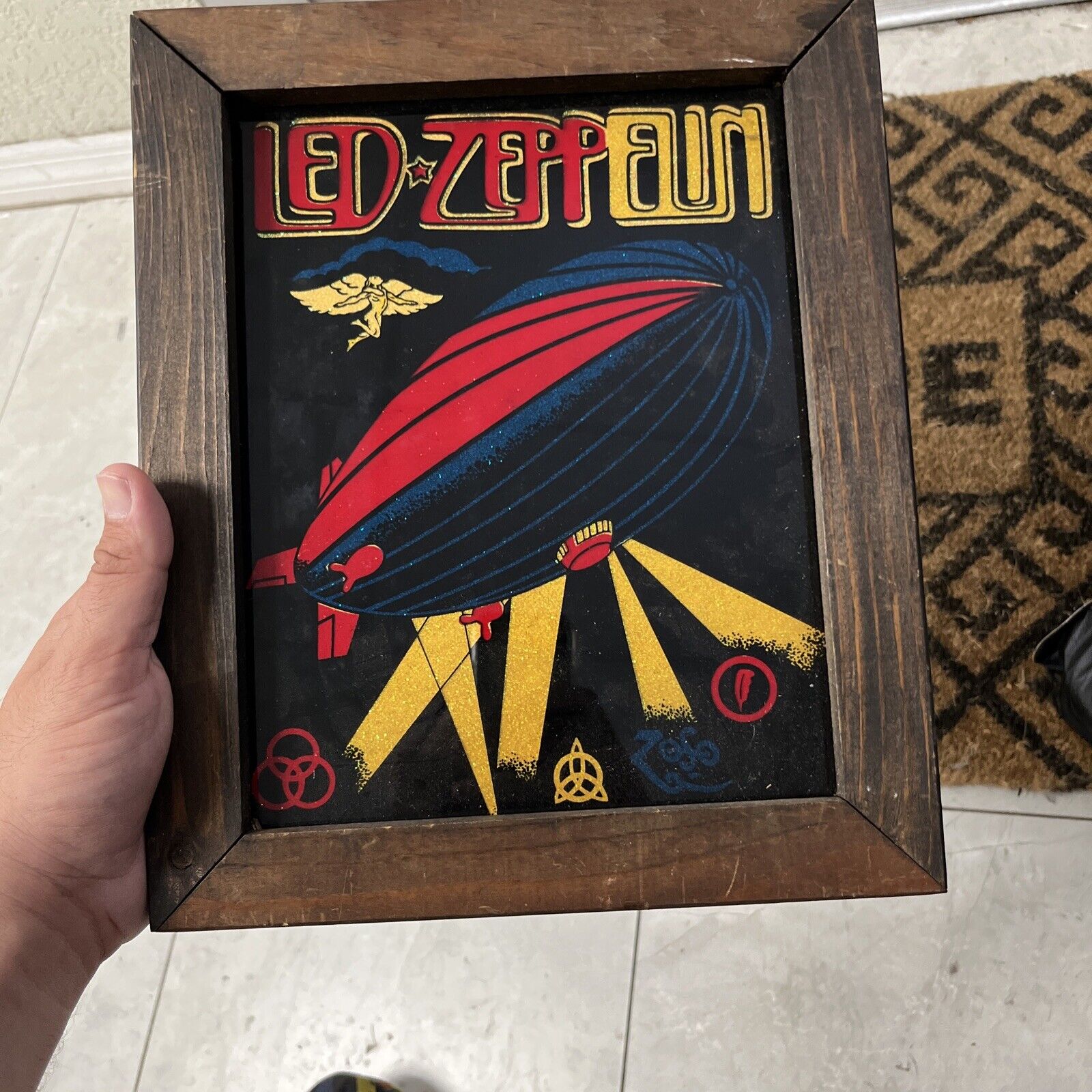 Vintage Led Zeppelin Wood Framed Glass Boardwalk Prize 1980s Reversed Glass