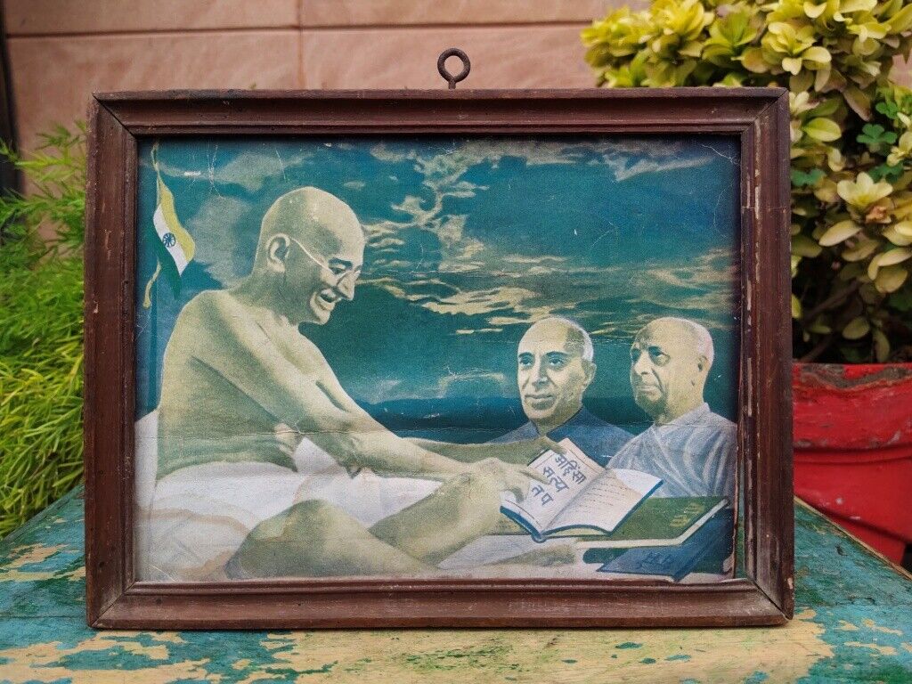 Vintage Mahatma Gandhi Non-Violence Truth Penance Picture Painting Print Framed