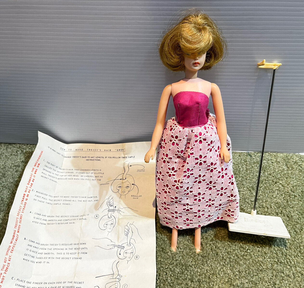Vintage 1960’s American Char TRESSY Doll w Dress, Stands, Instructions 100% Hair