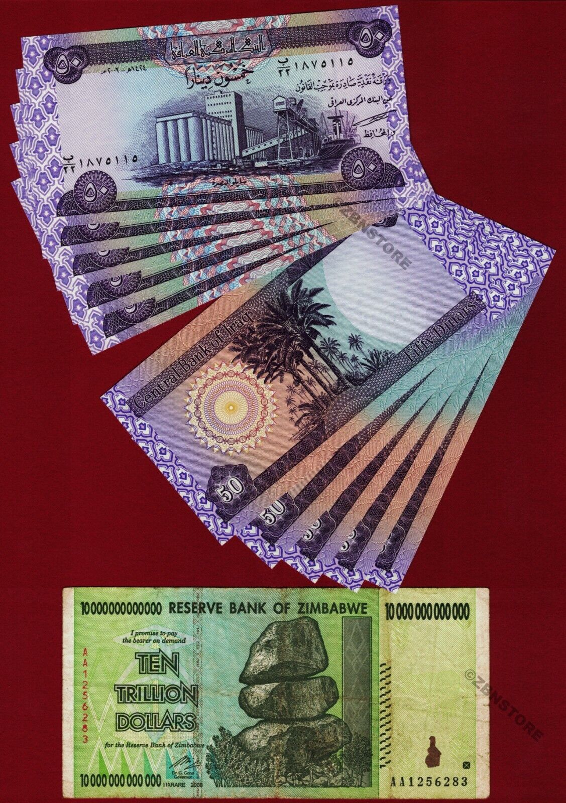 10 Trillion Zimbabwe Dollars AA 2008 + 10 x 50 Iraq Dinars Banknotes IQD w/ COA