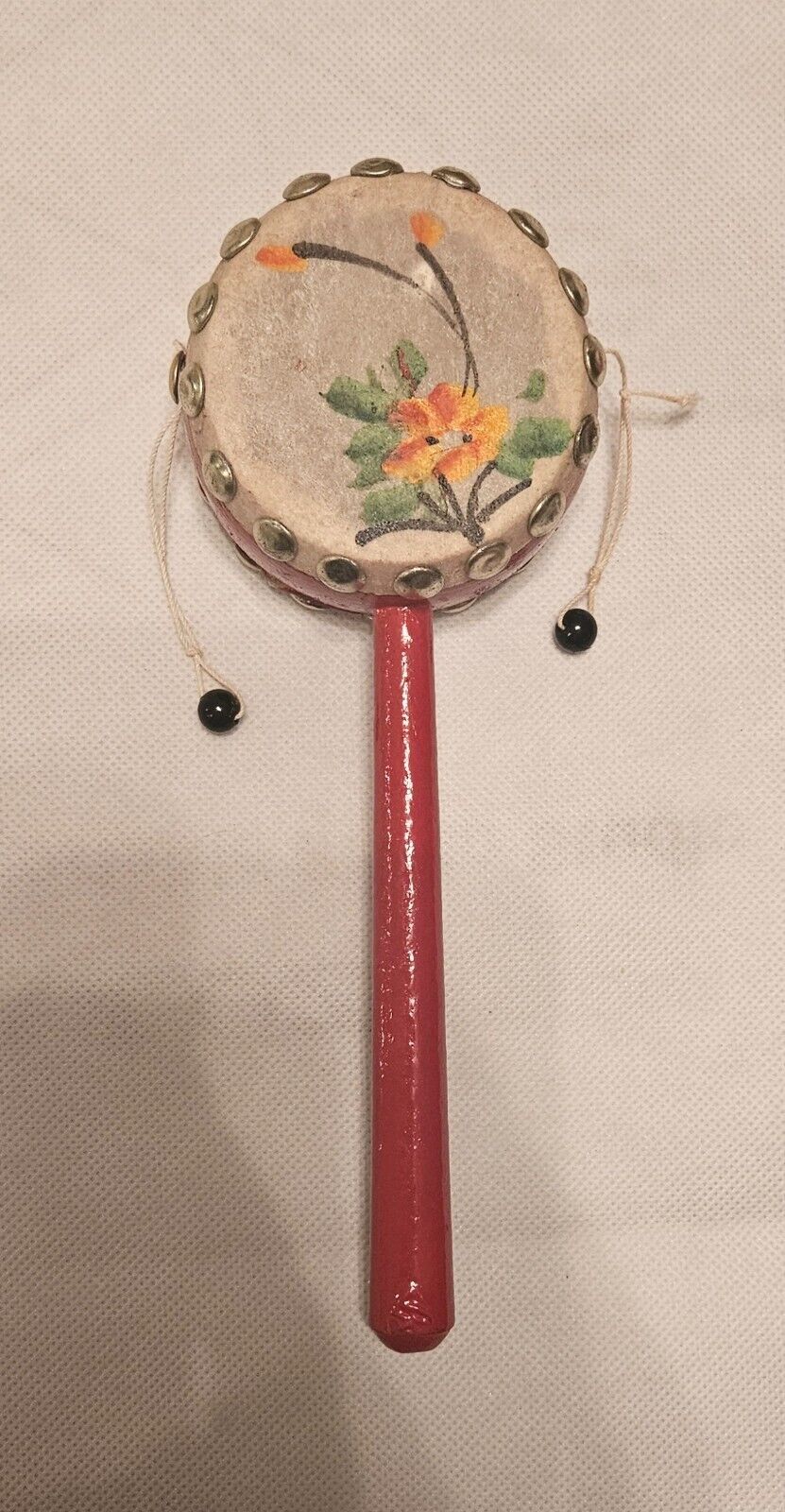 Den-Den Daiko Pellet Drum Wood Beads PAINTED FLOWER RED WOOD JAPANESE Vintage