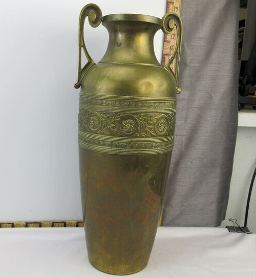 Brass Floor Vase Art Nouveau Hammered Medallions Antique