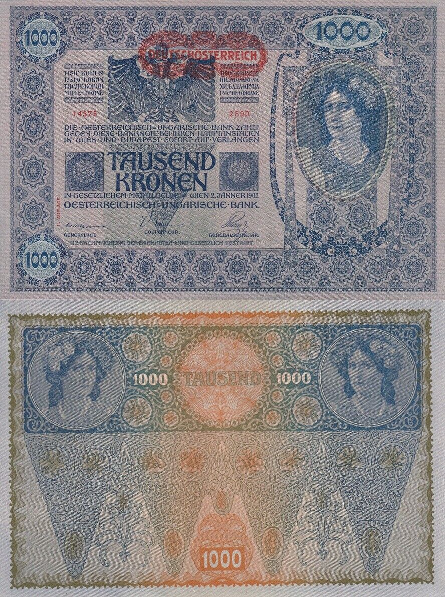 Austria 1000 Kronen 1902 ND 1919 P 61 BIG Size AUnc