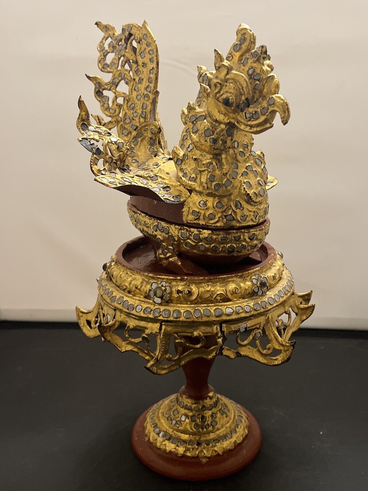 Antique Gold Gilt Hintha Bird Betel Nut Box Burmese With Stand