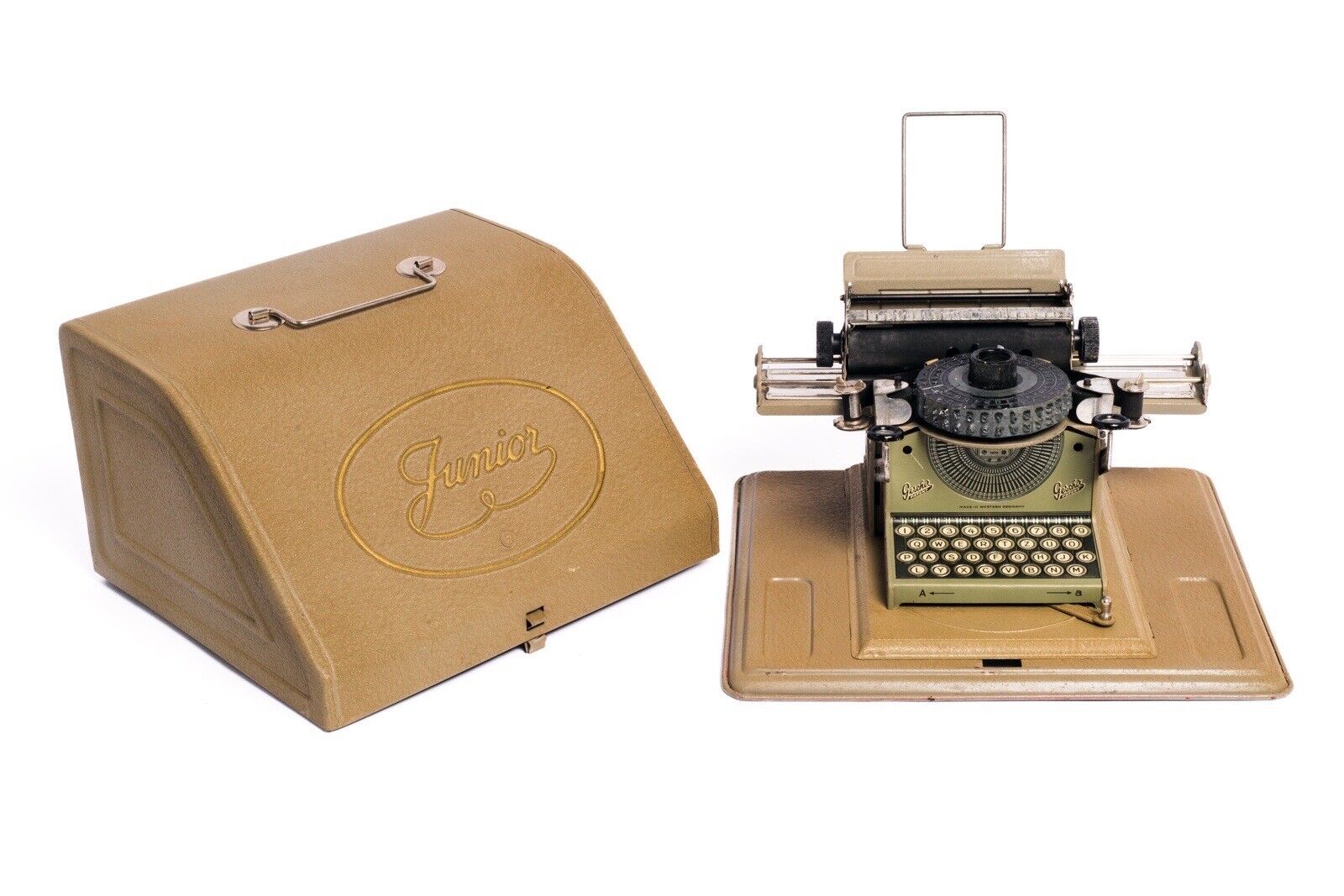 Vintage GSN Gescha Junior Toy Mini Typewriter + Case, Dial Type, West Germany