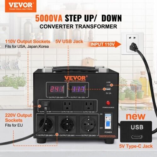 VEVOR 5000W Voltage Converter Transformer Step Up/Down 220V-110V /110V-220V CE