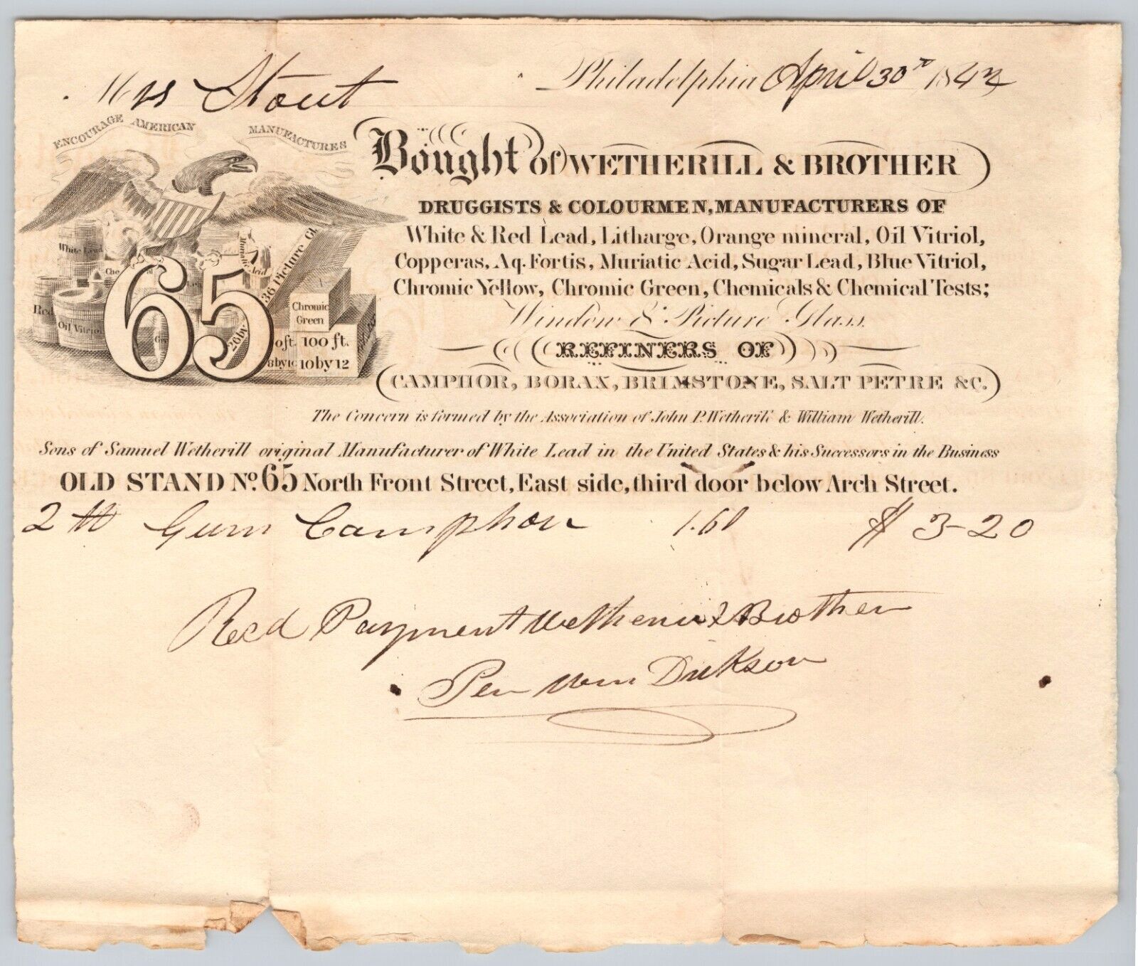 1842 Philadelphia Pennsylvania Wetherill & Brother Colourmen Artist\'s Color Bill