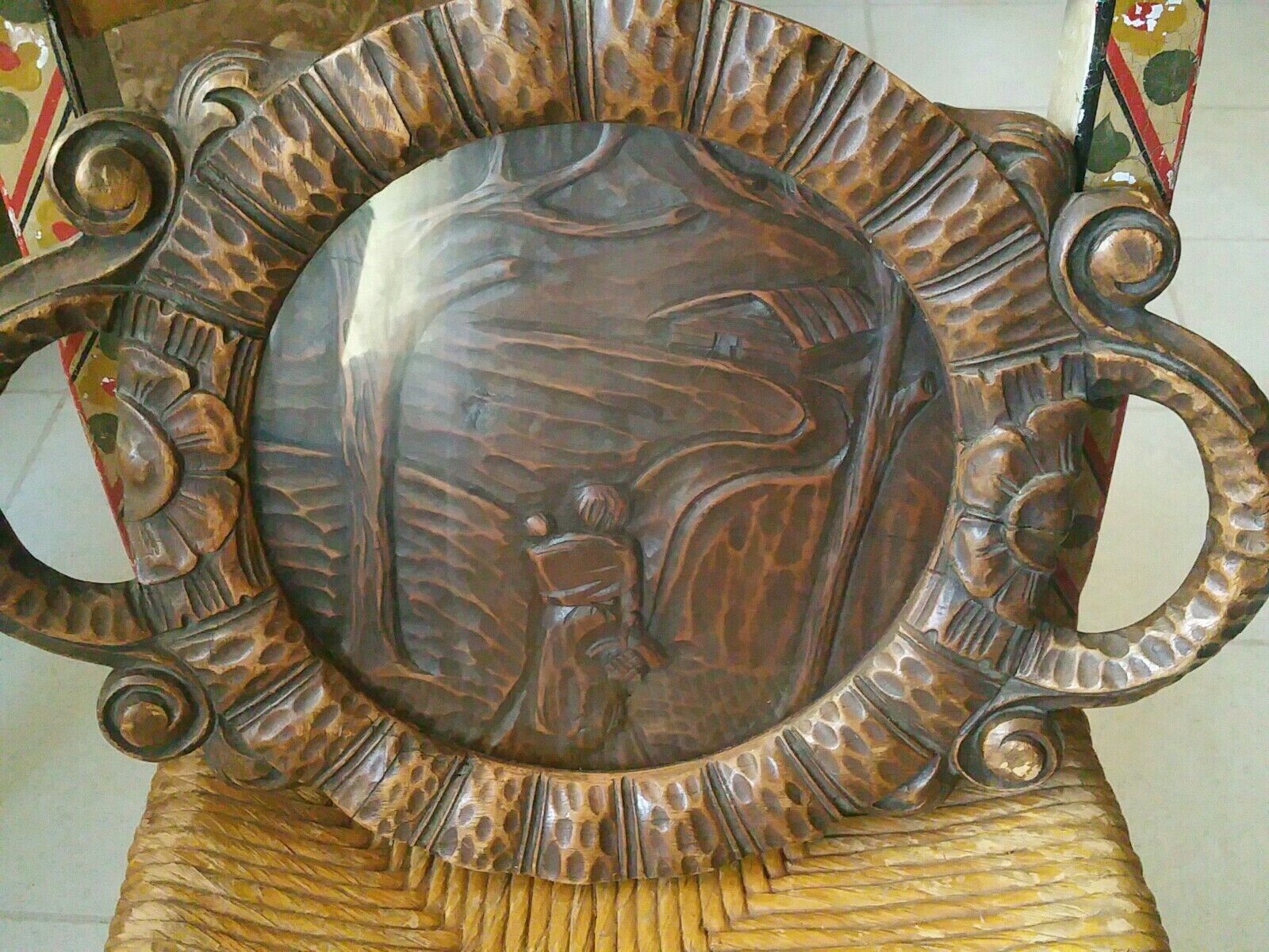 Vintage Unusual Large CARVED HANDLED ROUND MEXICAN Tray Mexicana Monterey
