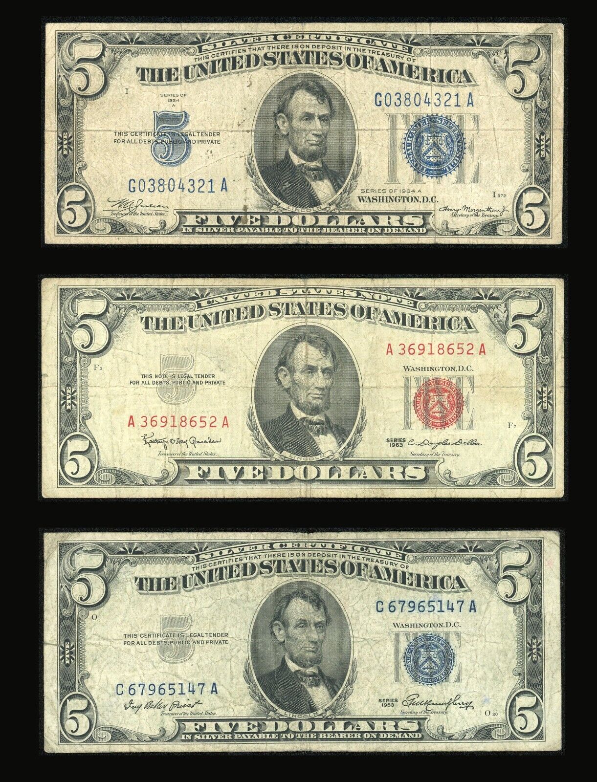 Set of 3 $5 Dollar Bills 1934 1953 and 1963 US Notes and Silver Certificates