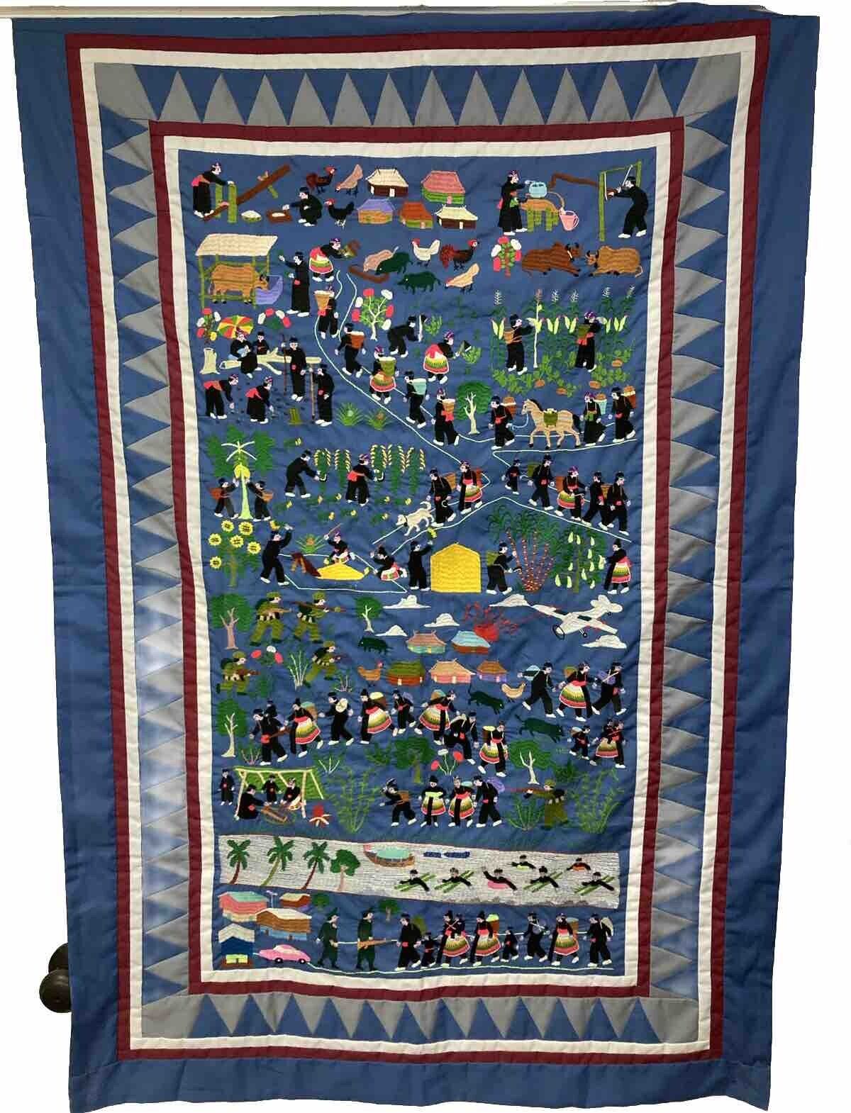 Hmong Story Cloth Embroidered Wall Hanging Farming War Escape River 32.5\