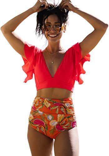 SPORLIKE Women Ruffle High Waist Swimsuit Two Pieces Push Up Tropical Print