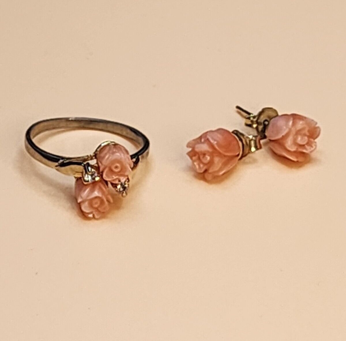 Antique Hand Carved Coral Rose 10K Gold Filled Silver Earring & Ring Set. Size 6