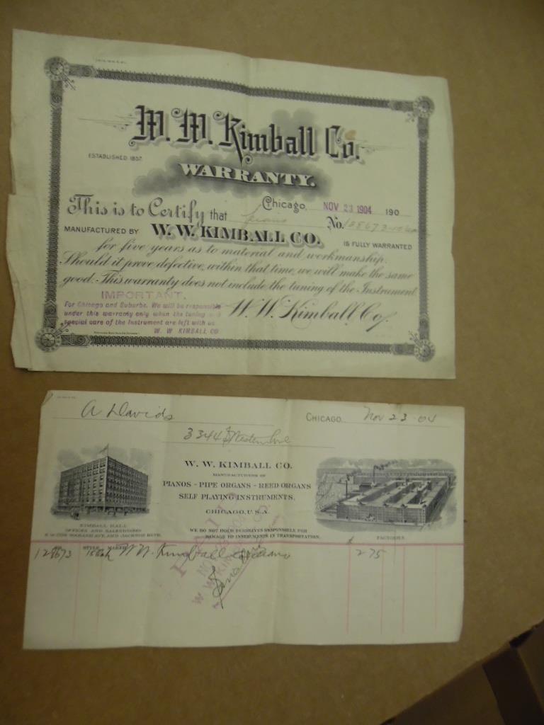 1904 Kimball Piano Purchase Receipt Warranty Certificate Ephemera Lot Antique