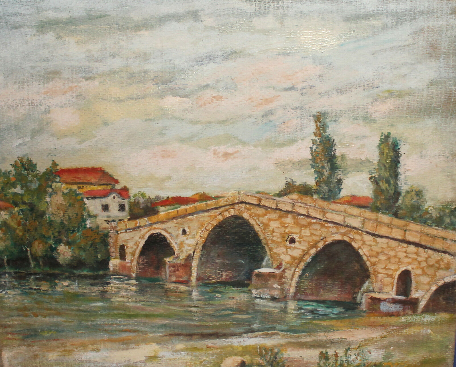 Antique impressionist landscape oil painting river stone bridge