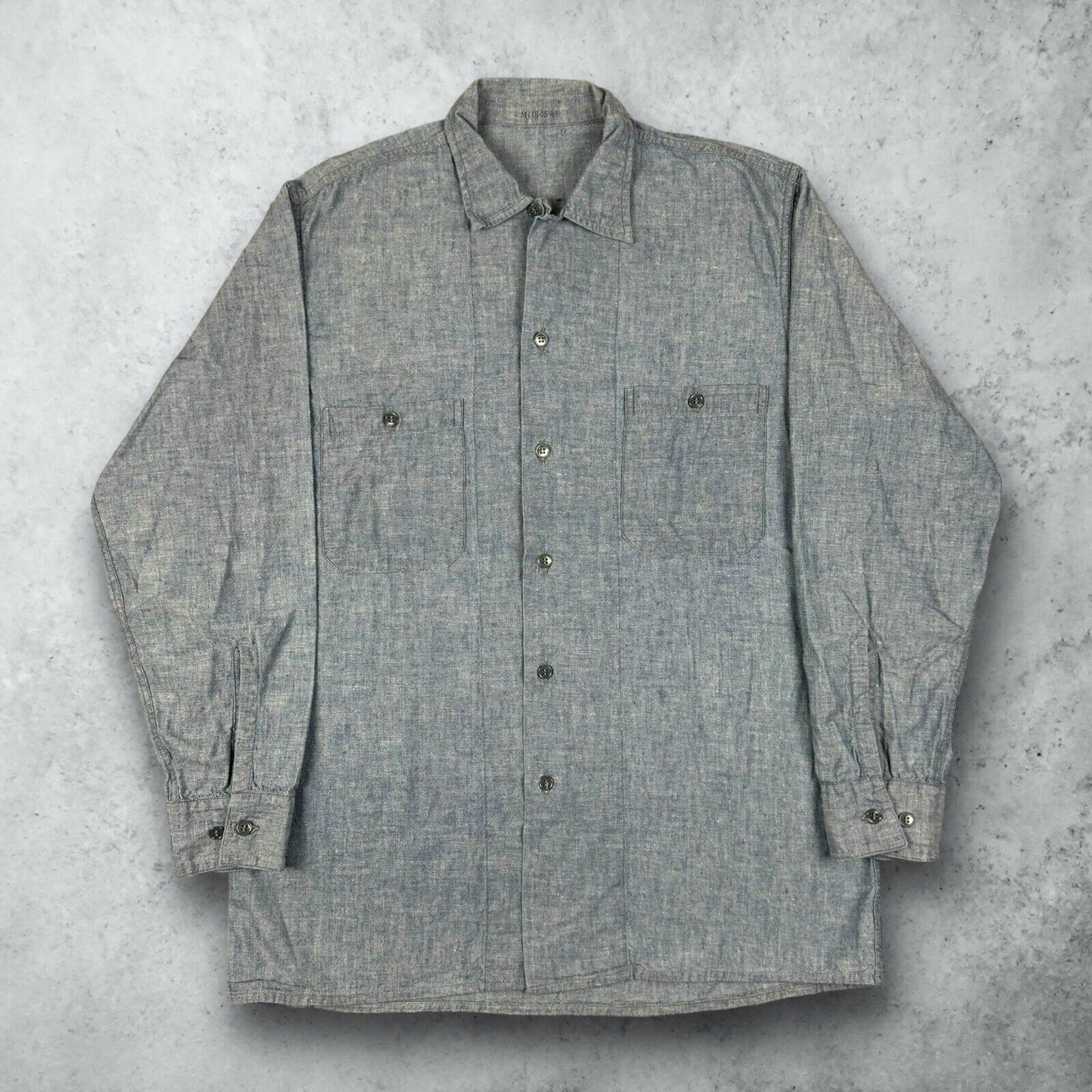 Vintage 40s Selvedge WWII Chambray USN Navy Button Up Shirt Stencil Medium