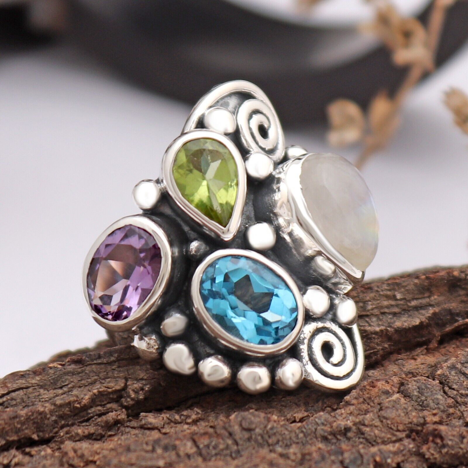 Natural Rainbow Moonstone With Multistone Sterling Silver Ring Size 5