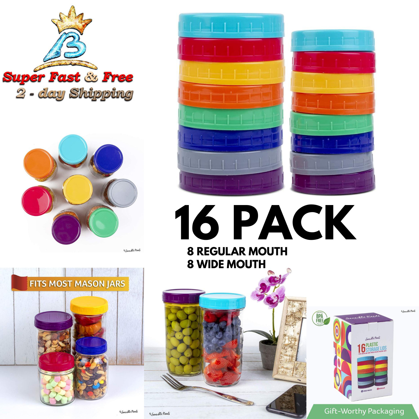 Colored Plastic Mason Jar Lids For Canning Jars Regular Regular & Wide 16 Pack