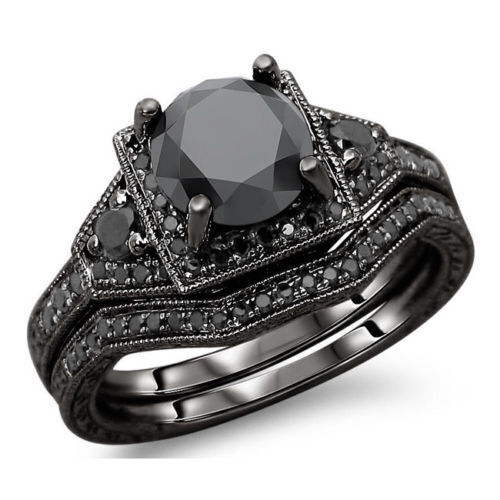 2.33 Ct Lab Created Black Round Diamond Bridal Set Silver Ring Classic New Gift