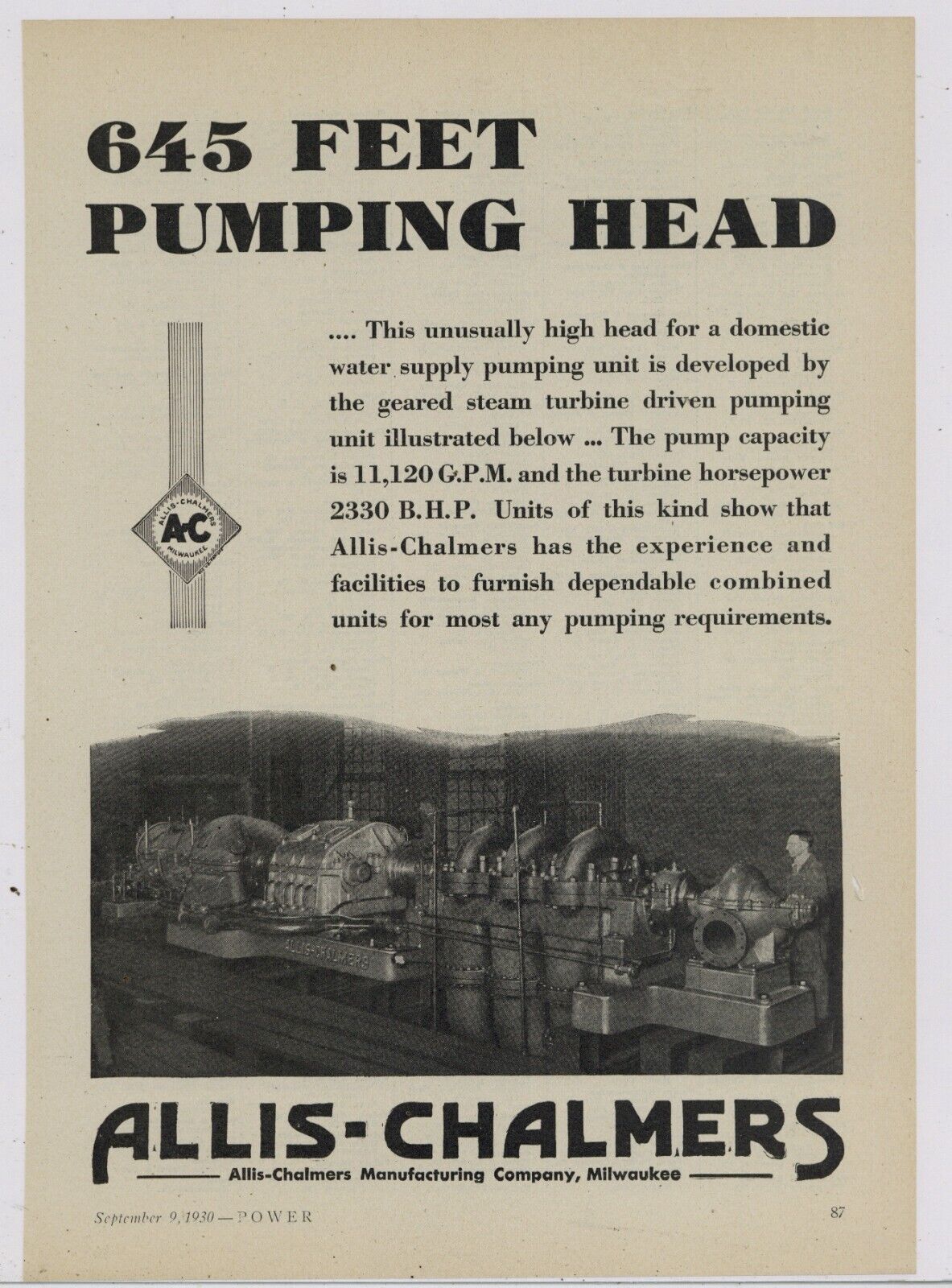 1930 Allis Chalmers Ad: Maker of Combined Units for Most Pumping Requirements