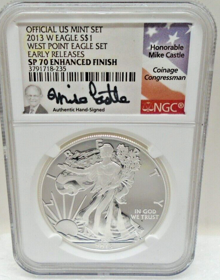 2013W SP70 Enhanced Finish Silver Eagle Signed by Congressman Castle
