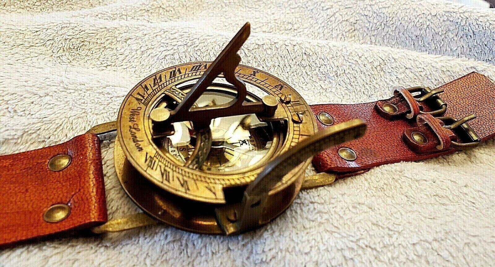 Sun Dial Leather Watch Brass Compass Leather Antique Old Gold Lustre Unusual UK